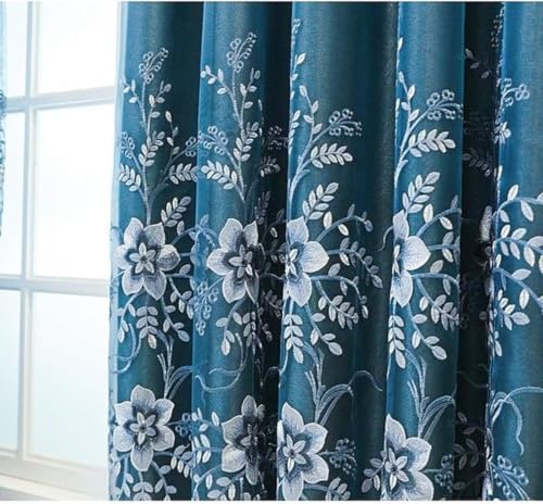 Amidoudou 1 Pair European Double Layer Curtains for Living Room Bedroom Luxury Flower Embroidered Curtains with Valance (Blue,52x102 Inch) - color: Blue, size: 52"W x 102"L (Pack of 2)