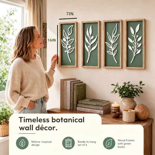 3D Tree Leaf Boho Wall Art, Sage Green, Wooden Framed, Set of 4 - color: 4 Pcs Sage Green, size: 7"X16"
