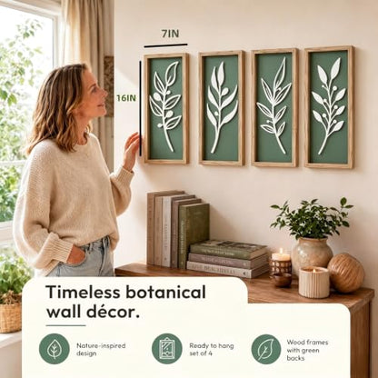 3D Tree Leaf Boho Wall Art, Sage Green, Wooden Framed, Set of 4 - color: 4 Pcs Sage Green, size: 7"X16"