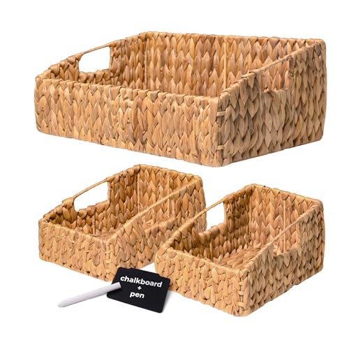 KOKODO Rectangular Wicker Storage Baskets for Shelves, Set of 3 Water Hyacinth Woven Bins with Handles, Open Front Pantry Shelf Organizer for Closet, Bedroom, Boho Decorative, Natural - size: 17x11x7