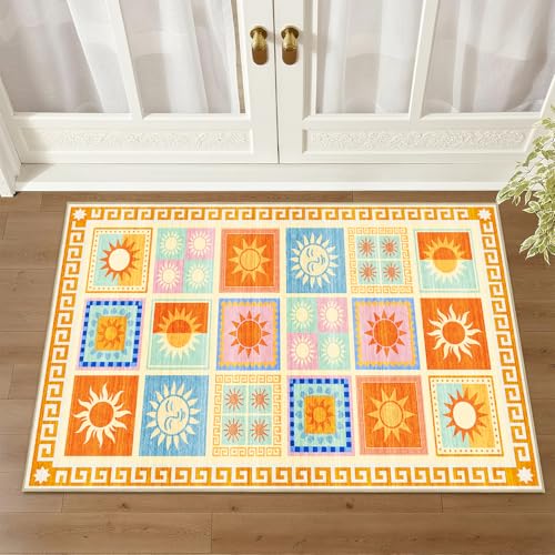 Sun Rug 2x3 for Entryway Indoor Mat, Boho Sun Entrance Rugs Patchwork Machine Washable Rug Non-Slip Printed Low-Pile Entry Floor Carpet Doormat for Kitchen Bedroom Bathroom Laundry - color: Sun, size: 2'x3'