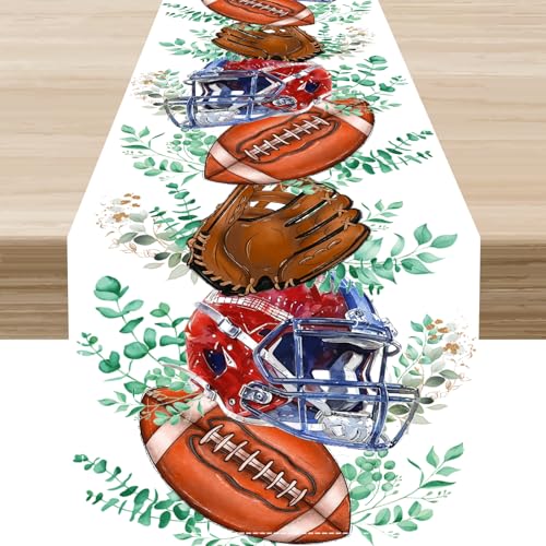 Football Table Runner, Blue Helmet Eucalyptus Football Sport Themed Table Center Decor for Family Kitchen Holiday Party Table Decorations Indoor or Outdoor 13x36 inch - color: Ball-5, size: 13x36" Table Runner