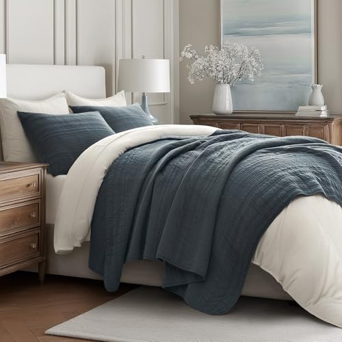 EVERGRACEHOME 100% Cotton Modern Lines Quilt Set Queen Size, Midnight Blue - color: Midnight Blue, size: Full/Queen (92" X 92")