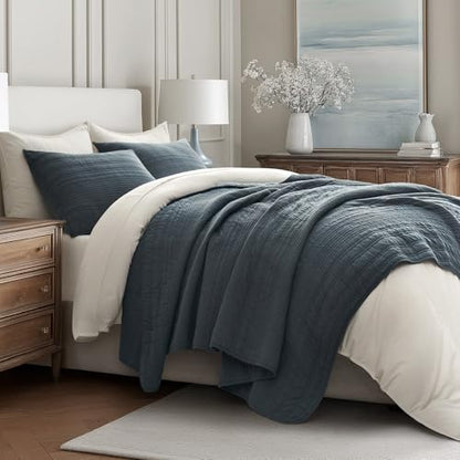 EVERGRACEHOME 100% Cotton Modern Lines Quilt Set King Size, Midnight Blue - color: Midnight Blue, size: King (108" X 92")
