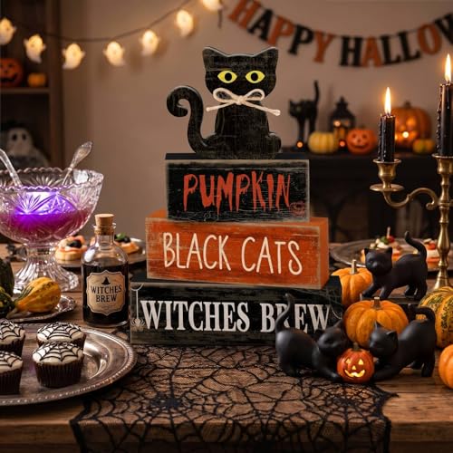 Lineshading 4 Pcs Halloween Table Decor for Home, Wooden Black Cat Sign Set - style: Black Cat