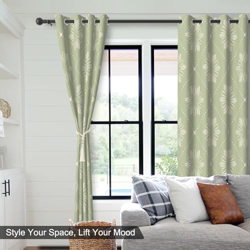 Sage Green Blackout Curtains 84 Inch Long 2 Panels Set, Floral Pattern Window Thermal Blackout Curtains for Bedroom and Living Room, Soundproof Privacy Spring Summer Thermal Curtains with Tiebacks - color: Green Plaid Print
