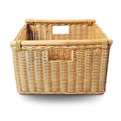 The Basket Lady Deep Pole Handle Wicker Storage Basket, S, Sandstone - color: Sandstone, size: Small