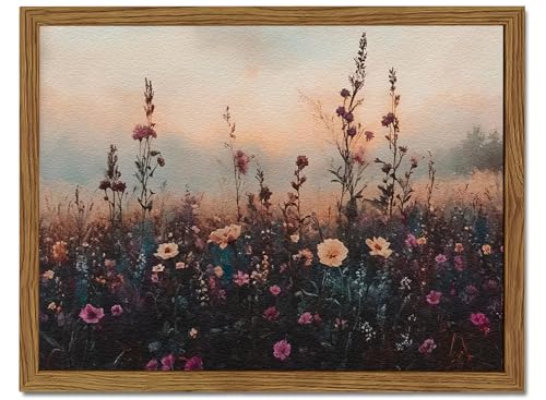 Vintage Flower Wall Art, Dark Floral Wall Decor Painting, Framed 3D Textured Hand Drawn Sandstone Farmhouse Landscape Pictures Artwork for Living Room Bedroom 12x16 inch Wood Frame - color: Color F, size: 16"L x 12"W