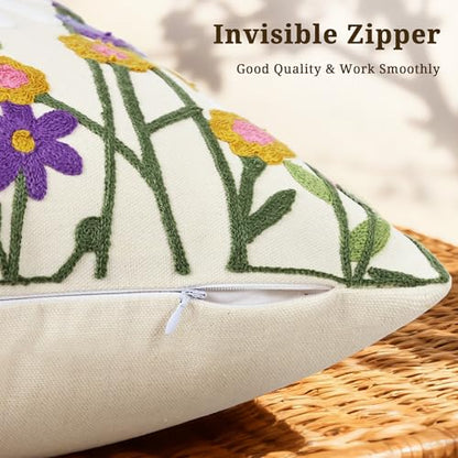 Floral Embroidered Pillow Covers 18x18 Inch Set of 1, White Daisy - color: Falling Petals