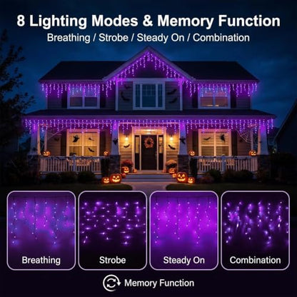 FLVOECN 720 LED 65FT Purple Halloween Ice Lights, Plug in Timer 8 Modes - color: Champagne