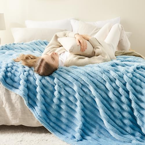 NEWCOSPLAY Fleece Ribbed Cozy Throw Blanket for Couch, Blue, 50"x60" - color: Blue Ribbed, size: Throw(50"x60")