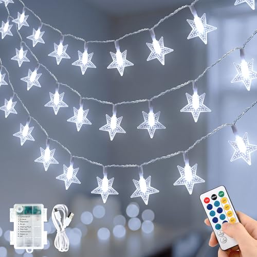 HEYFUNi White Star String Lights with Remote, 16FT USB/Battery Powered - color: White, size: 50 LED-Battery&USB