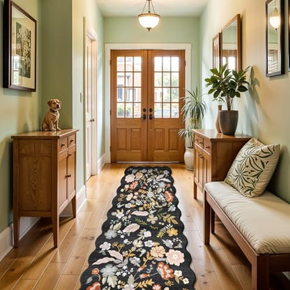 2x10 Scalloped Hallway Runner Rug: Washable Non Slip Boho Floor Mat Black - color: Black, size: 2' x 10' (Runner)