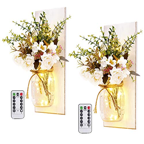 Rustic Wall Sconces Mason Jar Sconces with Remote Control LED Fairy Lights - color: Peony+white Board