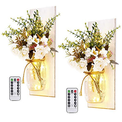 Rustic Wall Sconces Mason Jar Sconces with Remote Control LED Fairy Lights - color: Peony+white Board