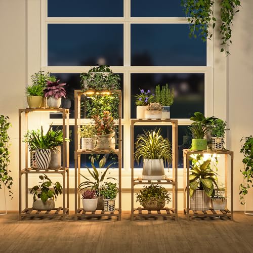 Bamworld Plant Stands with Grow Lights Indoor 4 Sets Plant Shelves Outdoor - color: Brown, size: 4 Sets - Pro