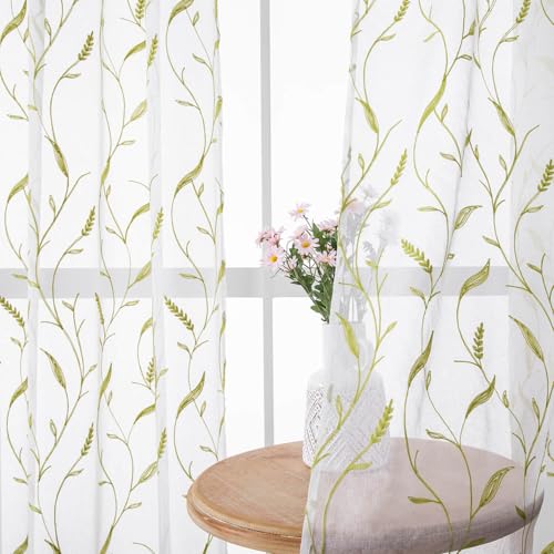 Green Leaf Embroidered Sheer Curtains 63 Inch Length 2 Panels for Kids Room Living Room, Wheat Leaves Semi Sheer Patterned Short Curtain Drapes Rod Pocket Floral Tulle Curtains - color: Green, size: 52"W x 63"L (Pack of 2)
