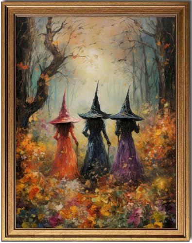 KBKBART Gold Framed Halloween Witch Wall Art 12x16 in Gothic Pictures Decor - color: Halloween Painting, size: 16"L x 12"W