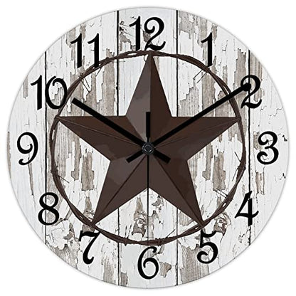 Round Farmhouse Wall Clock Western Texas Star Classic Style Wood Clock Quiet Non-Ticking Battery Operated with Large Numbers Rustic Wall Art Time Clock for Living Room Patio School 15 Inch - color: Style-1, size: 15in