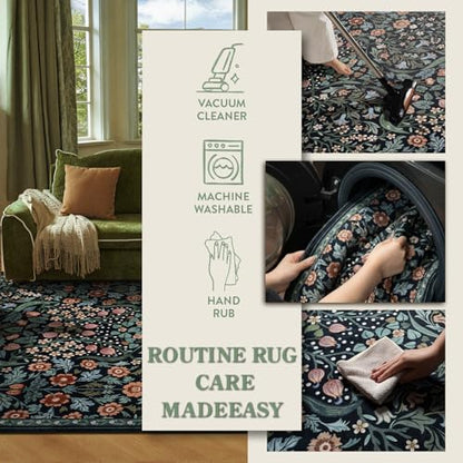 Lahome Botanical Kitchen Runner Rug, 2.6x8 Dark Floral Washable Runner Rug - color: Black, size: 2'6'' x 8'
