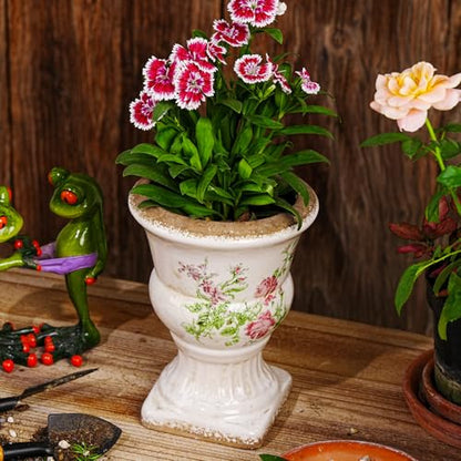 Sungmor Small Ceramic Urn Planter - Pink Floral Pedestal Flower Pot - color: Pink