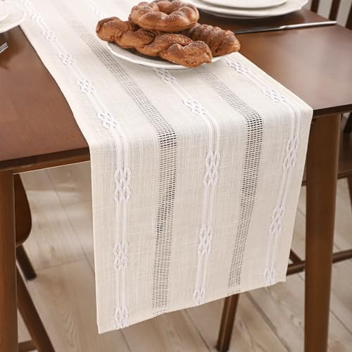 Boho Beige Table Runner 12×120 Long White Stripe Boho Fall Decor - color: White Stripes