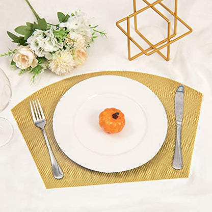 SHACOS Round Table Placemats Wedge Placemat Set of 4 Non Slip Heat Resistant Woven Vinyl Metallic Golden Table Mats Wipe Clean Indoor Outdoor (4, Gold) - color: Gold
