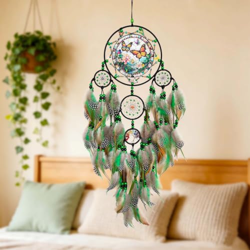 Large Dream Catchers, Rainbow Healing Crystal Tree of Life Dreamcatcher with Butterfly Suncatcher for Windows Hangings Decor, Home Wall Hanging Decor,Adults Boys Girls Festival Blessing Gift (Green)