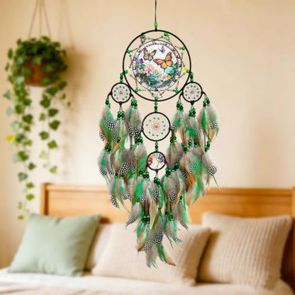 Large Dream Catchers, Rainbow Healing Crystal Tree of Life Dreamcatcher with Butterfly Suncatcher for Windows Hangings Decor, Home Wall Hanging Decor,Adults Boys Girls Festival Blessing Gift (Green)