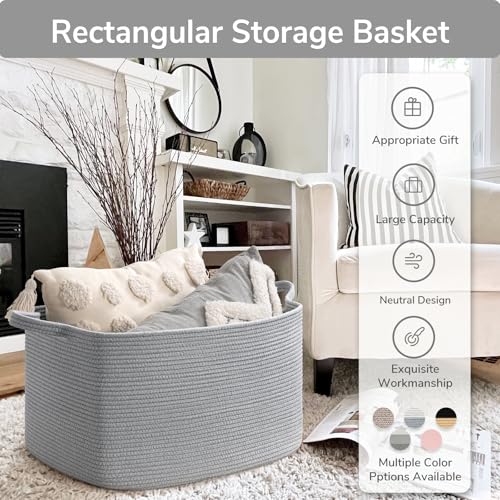 Goodpick Large Woven Rope Blanket Basket, Rectangle, Gray, 75L - color: Grey, size: Large(21.6"L x 14.9"W x 11.8"H)