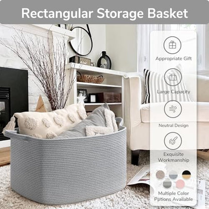 Goodpick Large Woven Rope Blanket Basket, Rectangle, Gray, 75L - color: Grey, size: Large(21.6"L x 14.9"W x 11.8"H)