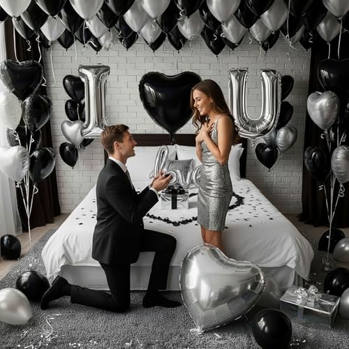 I Love You Balloons for Him/Her Balloons Black and silver romantic balloon kit with heart LOVE mylar balloons Black rose petals for hotel Dec orations Valentines Party wedding anniversary supplies - color: Black and Silver