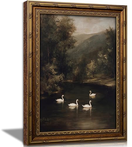 KKP Vintage Swan Antique Framed Wall Art Moody Lake Landscape Wall Decor - color: Swan Lake, size: 11"L x 9"W