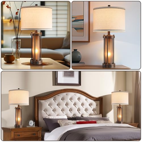 Set of 2 Farmhouse Table Lamps for Living Room with 2 USB Charging Ports - color: Brown