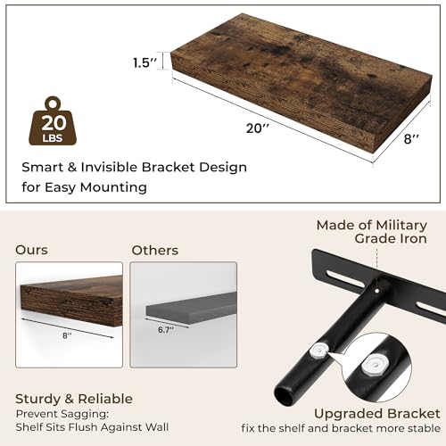 RICHFOCUS Bathroom Floating Shelves for Wall 2Pack|Rustic Brown|20" L - color: Rustic Brown, size: 20"L x 8"D, Set of 2