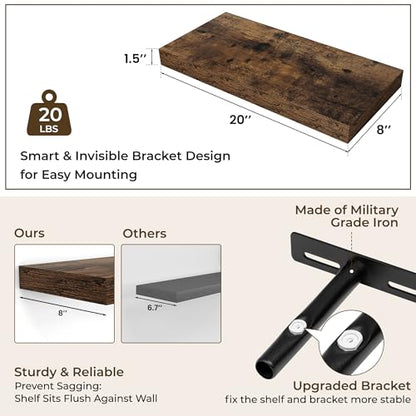 RICHFOCUS Bathroom Floating Shelves for Wall 2Pack|Rustic Brown|20" L - color: Rustic Brown, size: 20"L x 8"D, Set of 2