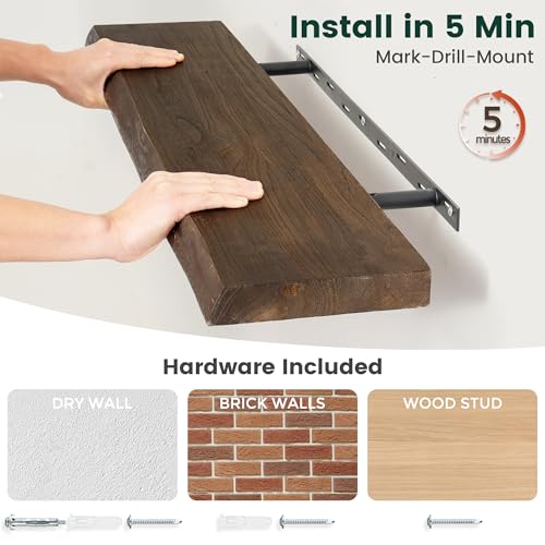 72in Live Edge Solid Elm Floating Shelves, Walnut, Set of 1 - color: Walut Color, size: Live Edge 72 inch, 1Pack