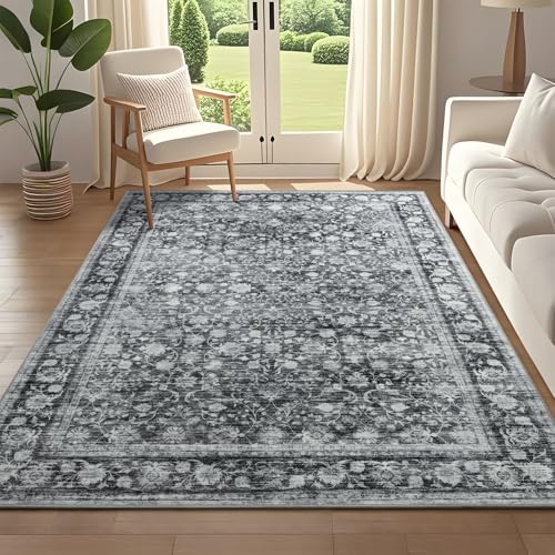 5x7 Washable Rug for Living Room, Vintage Indoor Area Rug Non Slip, Thin Throw Floral Floor Low Pile Carpet for Bedroom Dining Room Office Nursery Dorm Distressed Grey - color: Distressed Gray, size: 5' x 7' (Rectangular)