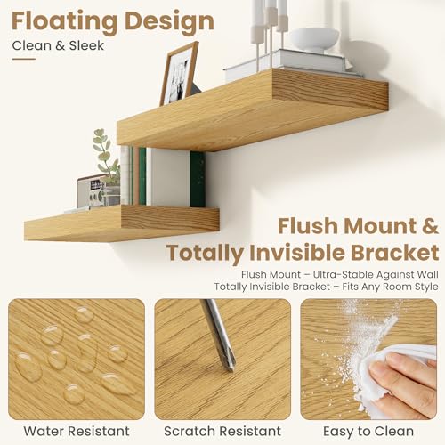 36 Inch Long Floating Shelves for Wall Set of 2, 12"D Wood Grain Shelves - color: Oak, size: 36"Wx12"Dx2"H, 2P