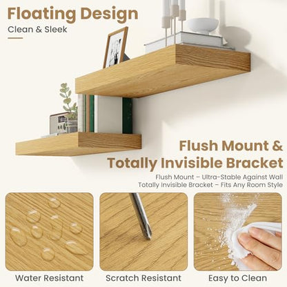 36 Inch Long Floating Shelves for Wall Set of 2, 12"D Wood Grain Shelves - color: Oak, size: 36"Wx12"Dx2"H, 2P