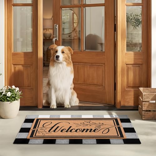 2-Piece Layered Welcome Mat Set - Coir Doormat & Buffalo Plaid Rug - color: Leaf Welcome 2