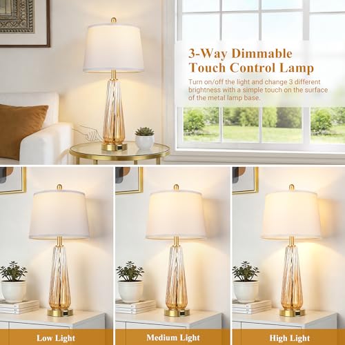 Glass Table Lamps Set of 2, Modern Bedside Lamps for Bedrooms with 3-Way Dimmable Touch Control Nightstand Lamp with White Lampshade USB A+C Ports, 27.5" Large Lamps for Living Room Decor, Champagne - color: Champagne