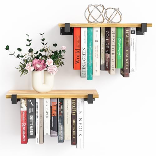 NANATI 2 Set of Floating Bookshelf, Pine Wood Invisible Bookshelf, Hanging Bookshelves for Wall, Unique Space Saving Wall Bookcase (16.5L×8.7W×1.5H) - size: 2 Set Pine Wood (Light Burn)