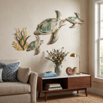 Tevqemi Large 3D Metal Sea Turtle Wall Art, 4-Piece Hand-Painted Wall Decor