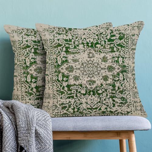 AEIOAE Boho Pillow Covers 18x18 Inch Set of 2,Sage Green Beige Carpet Pattern Throw Pillows Case,Ethnic Design Retro Outdoor Decorative Square Linen Farmhouse Decor Cushion Covers for Home Sofa Couch - color: Sage Green Beige, size: 18" x 18" (Pack of 2)