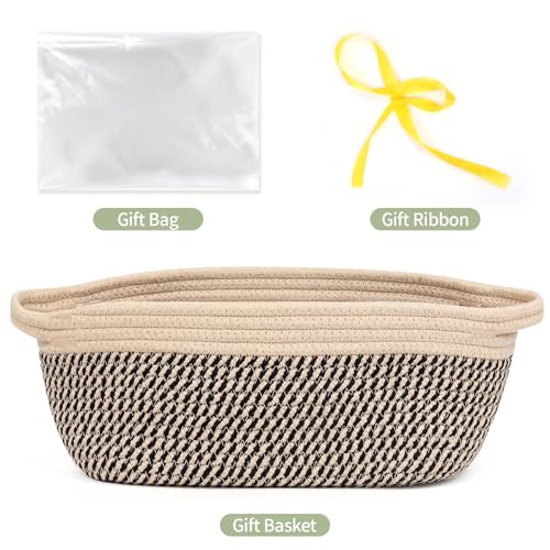 Large Gift Basket Empty with Handles, 12x8x5 inch - Medium Woven Rope Bin for Adult, Men, Boys, Pet Toys, Shelves - With Gift Bag & Ribbon, Washable, Resuable - Dark Brown - color: Black Jute(1PC), size: 1 Pack