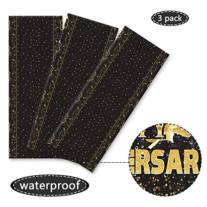 Tevxj 3 Pack Happy Anniversary Tablecloth Disposable Anniversary Party Decorations Black Gold Dot Confetti Table Covers Party Supplies for Rectangle Tables Favors for Guests 54 x 108 Inch - style: Happy Anniversary