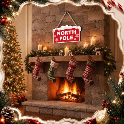 Marsui Christmas Wood Hanging Sign with Jute Rope, North Pole - style: North Pole