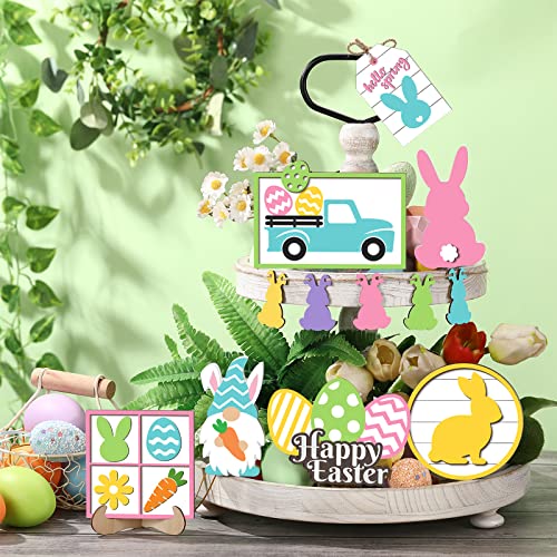 Jetec 12 Pcs Easter Tiered Tray Decoration Set - Easter Bunny Trail Carrot Table Signs Wooden Farmhouse Decoration for Spring Rustic Home Kitchen Decor - style: Bunny