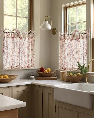jinchan Red Floral Kitchen Tier Curtains Alice 36 Inches Tie Top 2 Panles - color: Alice Red on Linen, size: 26"W x 36"L (Pack of 2)